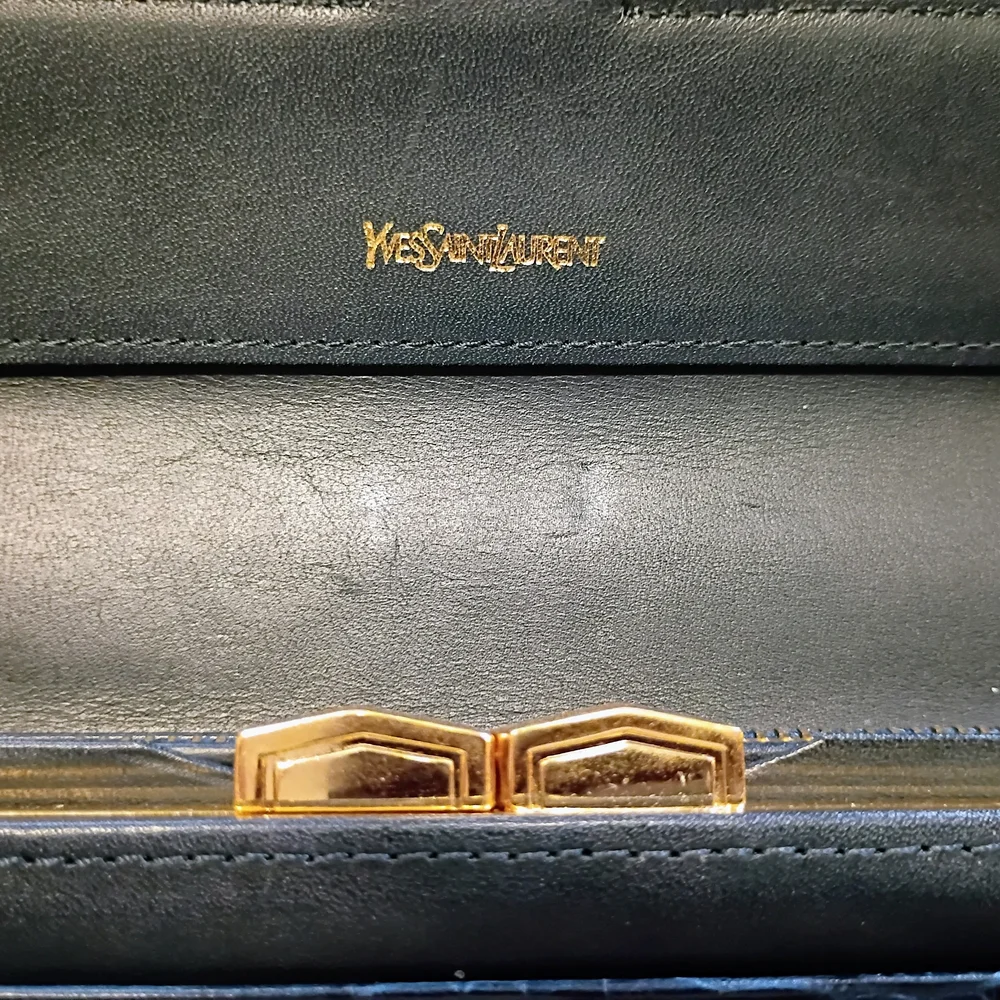 Vintage Yves Saint Laurent Croc Embossed Convertible Wallet Clutch w/ Gold Chain - Picture 8 of 14